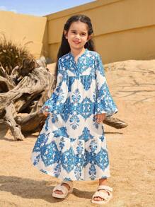 SHEIN 年輕女孩休閒寬鬆蓬蓬紋V領長袖連衣裙