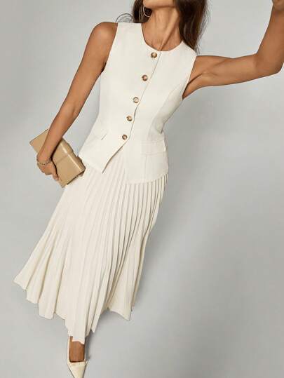 SHEIN Tall Women Elegant Commuter Solid Color Vest & Pleated Skirt 2 Pieces Set