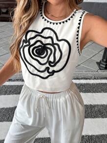 SHEIN Essnce Women's Floral Pattern Trim Round Neck Casual Camisole - White - View 7