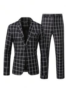 Calvornis Conjunto de chaqueta y pantalón de traje de hombre con estampado de cuadros de manga larga - Negro - Ver 3