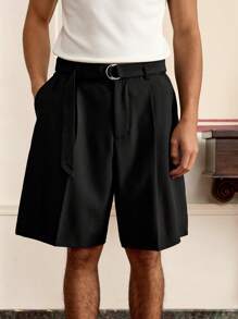 SWAVVY Men's Woven Fashion Casual Loose Solid Color Straight Leg, Black Summer Shorts Includes Belt, For Daily Summer School
