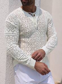 DAZY Men's Summer Solid White Openwork Texture Jacquard Knit Top - White - View 7