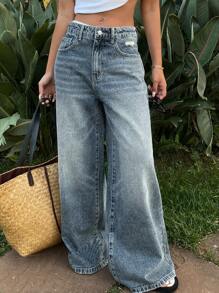 DAZY 女士前扣口袋简约牛仔裤，休闲日常秋季女式牛仔裤