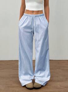 Flirla Women's Minimalist Design Pink Striped Linen Fabric Low Waist Drawstring Tie Pockets Straight Wide Leg Pants, Casual Everyday Wear, Spring/Summer Fall Cloth For Women - Blue - View 4