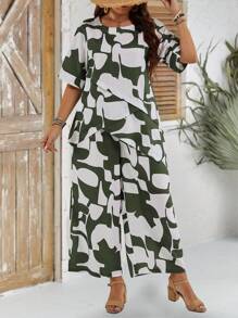 EMERY ROSE Plus Size Women's White Holiday Summer Vacation Two-Piece Suit,Geometric Color Block Print Asymmetrical Round Neck Short Sleeve Top & Wide Leg Pants - Multicolor - View 1