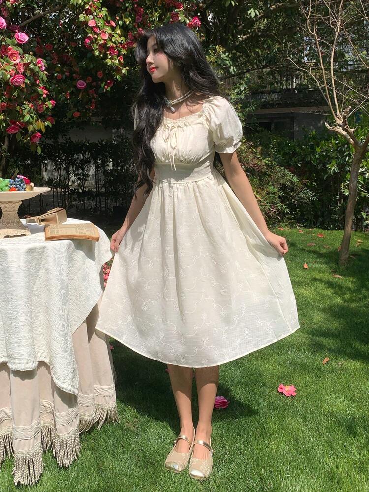 Gentle Style Fairy Aesthetic Square Neck Tea-Length Dress Waisted Romantic Sweet Elegant Milk Tea Aesthetic Dress