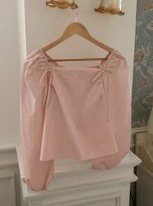 DAZY Blusa ajustada con cuello cuadrado y lazo delantero, top rosa para primavera/verano, con volantes, ropa de otoño