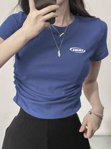 DAZY Áo thun nữ tay ngắn có họa tiết chữ và xếp ly mùa hè, áo crop top nữ thời trang thanh lịch - Màu xanh lam - Xem 3