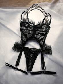 SpicyHot 4 件套女士系带网眼荷叶边镂空性感文胸套装 - 黑色 - 查看 6