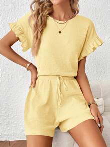 SHEIN Essnce 2pcs Women Short Sleeve Top & Elastic Waist Shorts Set Island Vacation Outfits - Yellow - View 3