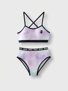 JNSQ Ensemble de maillot de bain pour préadolescentes avec patchwork tie-dye et couleurs contrastées