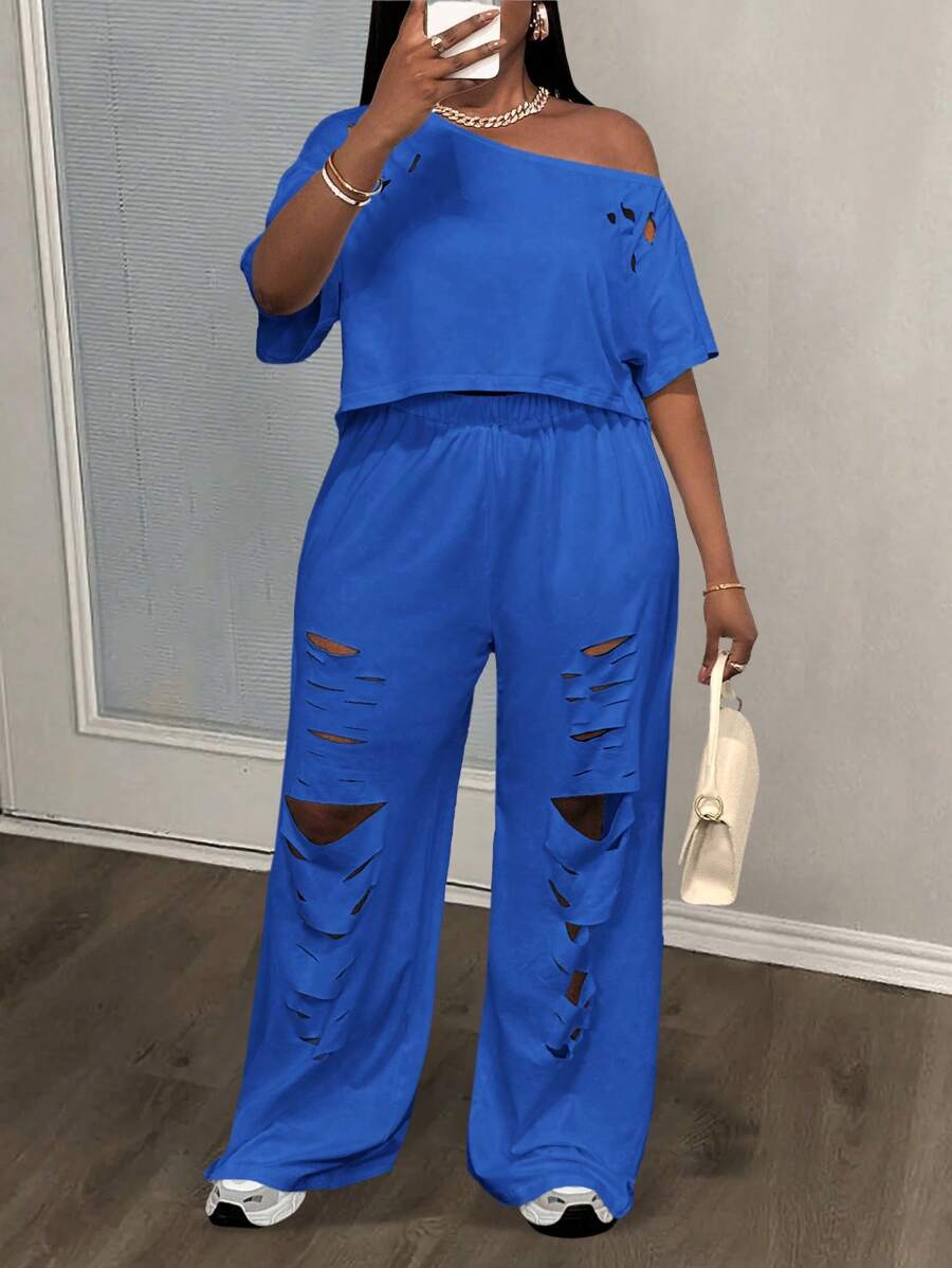 Slaydiva 2pcs/Set Plus Size Women Western Wear, New Arrival,Easter, Casual Streetwear, Gyaru Style, Solid Color Hollow Out Distressed Short Sleeve Top And Pants - Blue - View 1