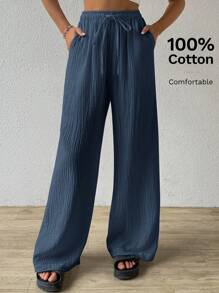 SHEIN EZwear Women's Solid Color Simple Texture Wrinkled Loose Fit Pants For Daily Wear