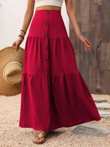 Breezaya Solid Color Front Button Maxi Skirt Vacation Beach Fall Cloth For Women - Red - View 3