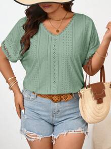SHEIN Frenchy Plus Size Women Textured V-Neck Lace Trim Tee, Casual Spring/Summer - Green - View 6