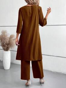 EMERY ROSE 2pcs 3/4 Sleeve Shirt & Elastic Waist Pants Set - Brown - View 2