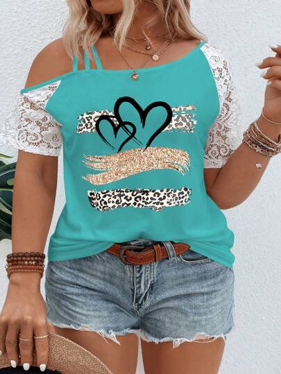 SHEIN VCAY CURVE Plus Size Asymmetrical Neckline Lace Short Sleeve Leopard & Heart Print Casual T-Shirt, Spring/Summer