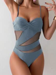 SHEIN Swim 1pc Women's Mesh Patchwork Swimsuit With Push Up And Underwire For Summer Beach Vacation - Light Grey - View 1