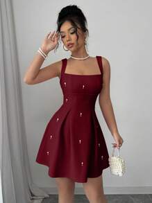 Rafferiza Women's Solid Color Sequined Strap Patchwork Casual Dress - Burgundy - View 4