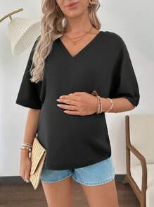 SHEIN Confortable T-shirt ample de maternité à col en V et manches chauve-souris, polyvalent pour les déplacements