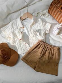 2 件套男婴/女婴休闲百搭白色纯色镂空针织柔软圆领短袖开衫上衣和撞色卷边舒适短裤，适合春夏季穿着 - 卡其色 - 查看 5