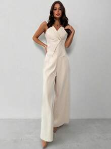 Firerie Conjunto elegante de 2 piezas de camisa asimétrica sin mangas con botones metálicos delanteros abiertos y pantalones de pierna ancha para uso en festivales, oficina y uso diario, en color albaricoque que estiliza y alarga