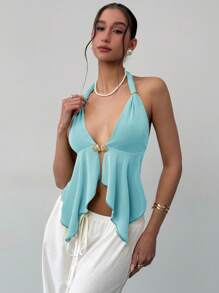 Aloruh Sexy Halter Backless Metal Buckle Deep V Asymmetrical Hem Fitted Tank Top, Women, Spring/Summer - Blue - View 3