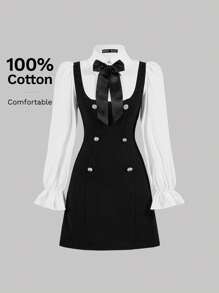 SHEIN MOD Bow Front Flounce Sleeve 2 In 1 Dress - Black - View 5