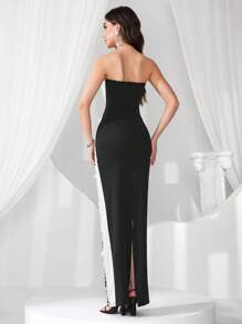 Coutiva 奢华闪亮拼色正式舞会礼服，优雅迷人的名人高端风格，派对礼服，适合晚会、婚礼宾客 - 黑色 - 查看 2