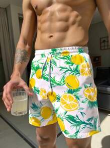 Surfspeed Men's Fruit Print Drawstring Waist Beach Shorts, Holiday Casual Men Swim Trunks,Hawaiian - Green - View 4