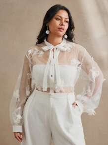 Anewsta Women's Elegant, Casual Sheer Embroidered Blouse For Spring And Summer - White - View 5