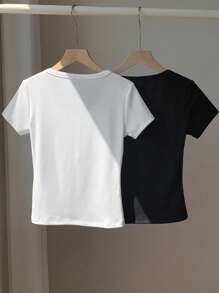 Comfortcana 2 chiếc áo thun Henley tay ngắn ôm vừa vặn có thêu, mùa hè - Đen và trắng - Xem 2