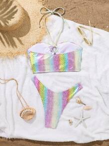 Swim SXY 2件套女士新款夏季沙滩彩色金属三角上衣和短裤比基尼套装 - 彩色 - 查看 6
