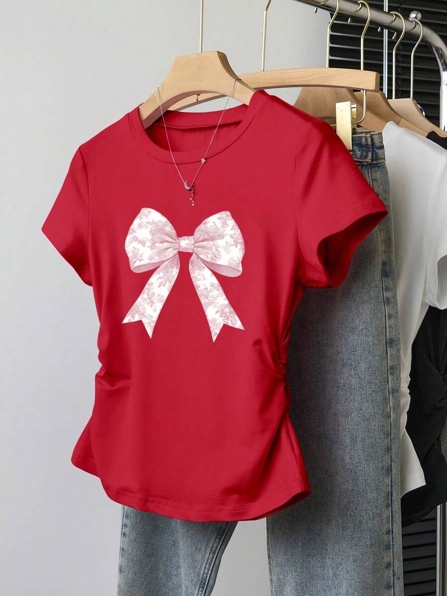 Tween Girls' Simple Versatile Pink Bow Print Short Sleeve T-Shirt