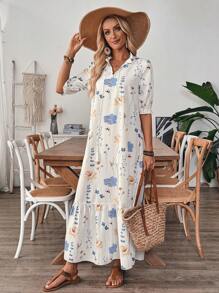 EMERY ROSE V-Neck Floral Print Wavy Hem Elegant Casual Resort Dress With Drawstring - Multicolor - View 5