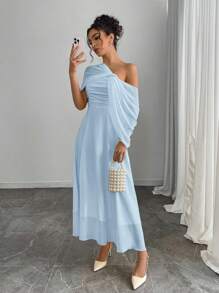 Chiquease Spring/Summer Women Solid Color Elegant Dress With Cape - Baby Blue - View 4