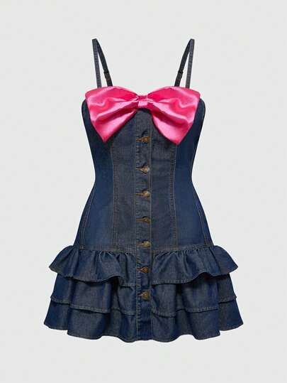 J-Fashion Women's Bow Decor Ruffle Hem Single-Breasted Strap Denim Dress