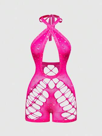 J-Fashion Tuta elasticizzata sexy da donna con decorazione di cristalli, ideale per festival musicali in stile Y2K