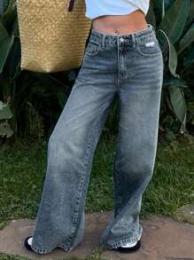 DAZY 女士前扣口袋简约牛仔裤，休闲日常秋季女式牛仔裤