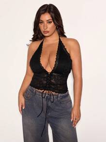 SHEIN BAE 大码女式优雅性感蕾丝拼布 V 领细肩带露背吊带背心，基本款弹力针织修身短款上衣，Y2K 风格，露背上衣，夏季上衣，大码上衣，Y2k 上衣，可爱夏季上衣，露背上衣，性感上衣，沙滩上衣，曲线加大上衣，V 领上衣，乐队 T 恤，女式街头服饰，黑色紧身胸衣，沙滩女装，毕业 - 黑色 - 查看 2