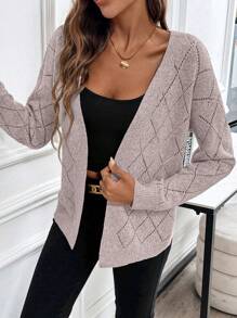 EMERY ROSE Casual Comfortable Hollow Out Rhombus Pattern Cardigan For Women Fall Winter Cloth For Women - Dusty Purple - View 4