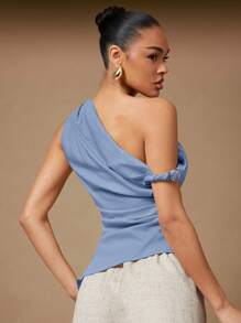 Hauture Women Summer Asymmetrical Shoulder Ruched Top, Summer Tops, For Daily, Date Night, Concerts, Performances, Parties, Clubs - Blue - View 4