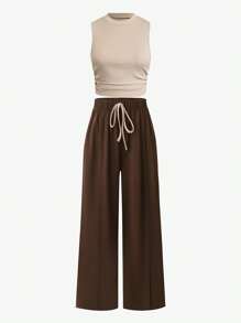 Calvaya 2 pezzi Set di donna casual di taglia grande con top a costine color albicocca con colletto alto e arricciature e pantaloni slim fit color marrone