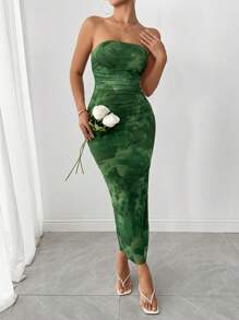 Chiquease 扎染褶饰开衩抹胸长裙女装