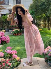 DAZY 夏季新款优雅碎花中长连衣裙，适合音乐节