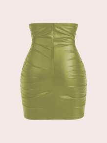 Zolique Women's Fashionable Solid Color High-Waisted Ruched Fitted Skirt - Green - View 2