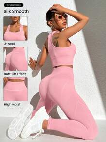 SHEIN Sports Women Sports Bra And Legging Set Workout Women Set - Watermelon Pink - View 1