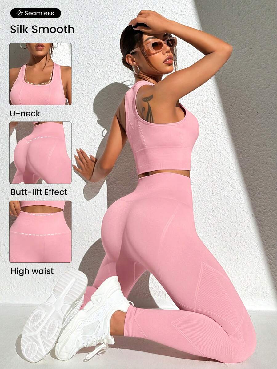 SHEIN Sports Women Sports Bra And Legging Set Workout Women Set - Watermelon Pink - View 1