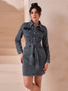 SHEIN Cottnline Mini Button And Belt Detailed Rigid Denim Dress - Grey - View 3