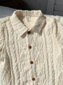 2 件套男婴/女婴休闲百搭白色纯色镂空针织柔软圆领短袖开衫上衣和撞色卷边舒适短裤，适合春夏季穿着 - 卡其色 - 查看 7